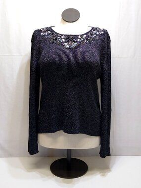 Lauren Mitchell Women's XL Black Metallic Long Sleeve Pullover Beaded Neckline